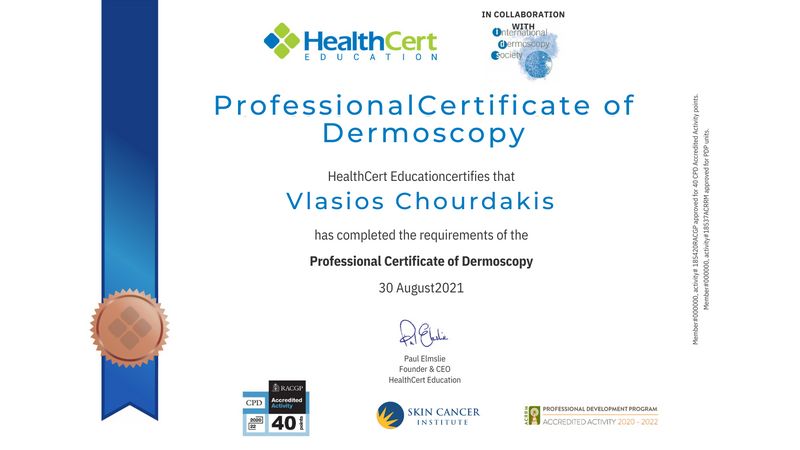 VlasiosChourdakis_Professional certificate of Dermatoscopy, 2021